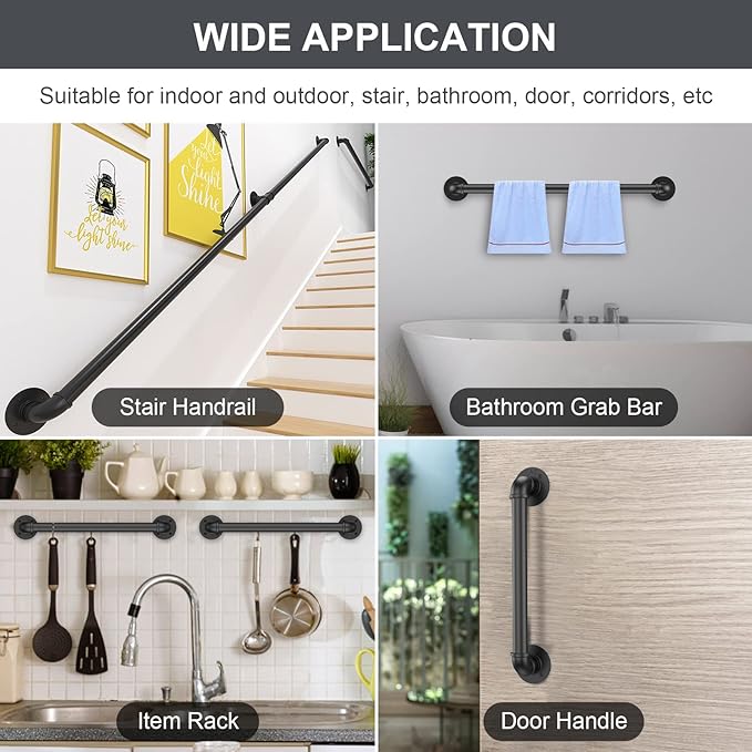 1FT Industrial Stair Railing Wall Mount Staircase Handrail φ1.3" Pipe Hand Rail for Steps Grab Bar Foot Rail Vintage Pipe Railing Black Deck Handrail for Outdoor Indoor Stairs Porch