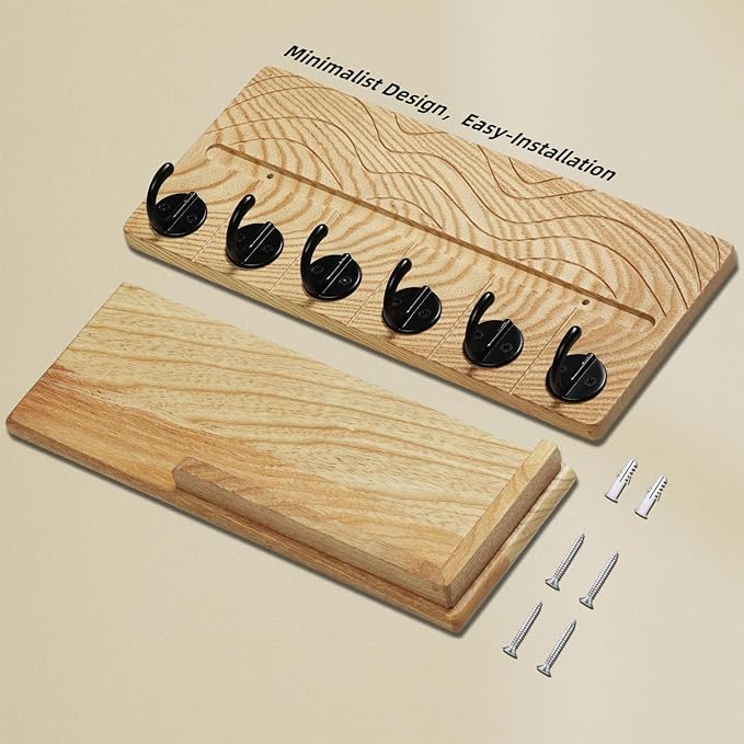 Key Holder Wall Decor-11.8" Solid Ash Wood Entryway Organizer with 6 Hooks & Extra Deep Storage Rack for Key, Mail, Wallet, Leash, Glasses, Hand-Polished & Stained, Easy-Assembly