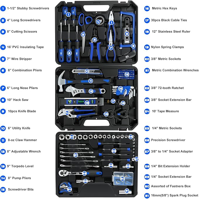 Prostormer 269 Piece Tool Set, General Household/Auto Tool Kit, Portable Toolbox Storage Case with Drawer for Men & Women, Perfect for Home Repair & DIY Projects (Blue)