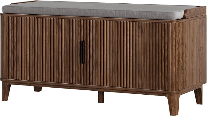 39.4" Fluted Shoe Cabinet Storage with Bench, 2-Tier Entryway Bench with Adjustable Shelves and Detachable Cushioned Seat, Shoe Organizer Bench Cabinet for Entryway, Living Room, Hallway Walnut