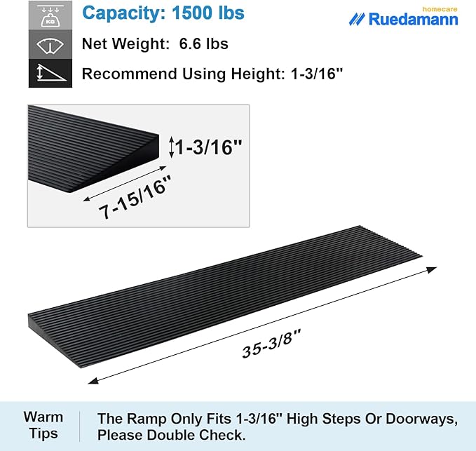 Ruedamann 1.2" Rise Threshold Ramp for Doorways, Sturdy Rubber Threshold Ramp, Non-Slip Power Door Ramps for Wheelchairs is Adjustable and Cuttable for Doorways,Curb, Scooters, Driveways
