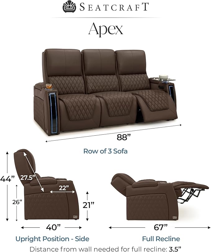 Seatcraft Apex Zero-Gravity CoolZero Italian Leather Home Theater Seating, Powered Headrest, Powered Lumbar, Powered Recline, Row of 3 Sofa, Brown