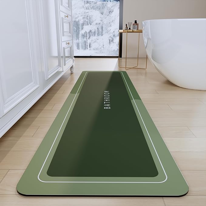 Bath Mat, Super Absorbent Non Slip Quick Dry Thin Rubber Mats for Bathroom Floor, Fit Under Door, Shower Rug for Bathtub, Green