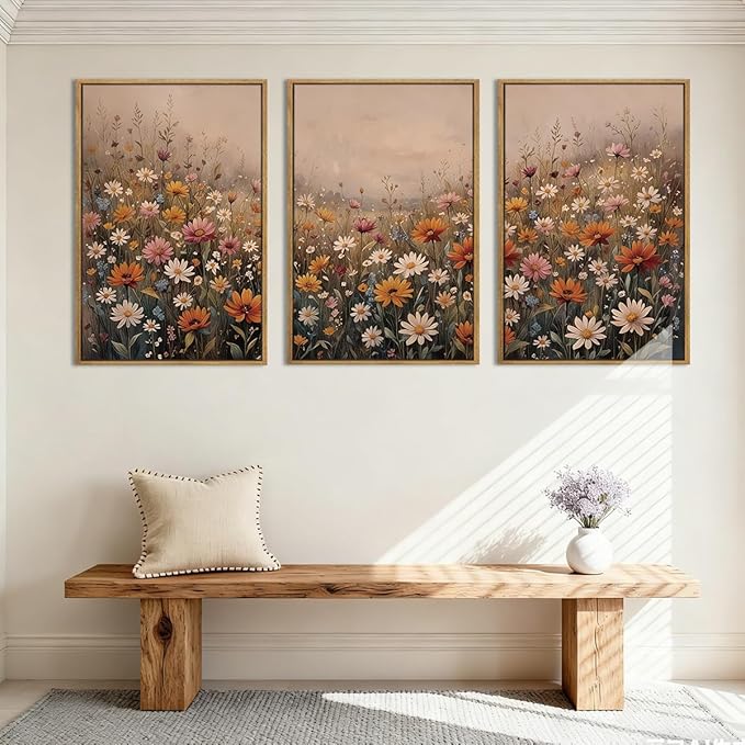 IARTTOP Extra Large Botanical Brown Framed Wall Art 24x36 Inch Set of 3 Vintage wildflower Art Prints Calming Nature Floral Landscape Wall Decor for Living Room Dining room Bedroom