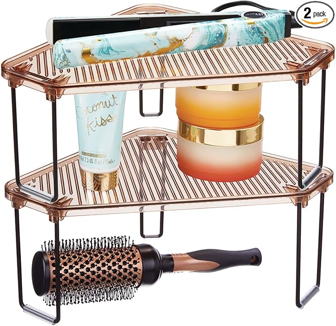 mDesign Plastic/Steel Corner Stackable Rack, Storage Organizer Shelf for Bathroom, Vanity, Countertop, Sink, Cabinet, Holds Makeup, Shower Accessories, Ligne Collection - 2 Pack - Bronze/Amber