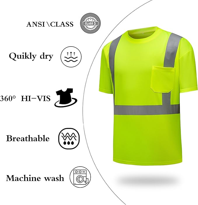 High Visibility Shirts Quick Dry Safety T Shirts with Reflective Strips and Pocket Short Sleeve Mesh Hi Vis Construction Work Class 2 Shirt for Men/Women Lime,5XL