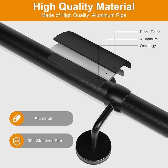 14Ft Industrial Metal Stairs Handrail Kit, Sturdy Wall Mount Aluminum Hand Rail, Indoor Outdoor Stair Railing Wood Concrete Brick Wall,1.5 in Round Pipe Grab Bar, Matte Black-14FT