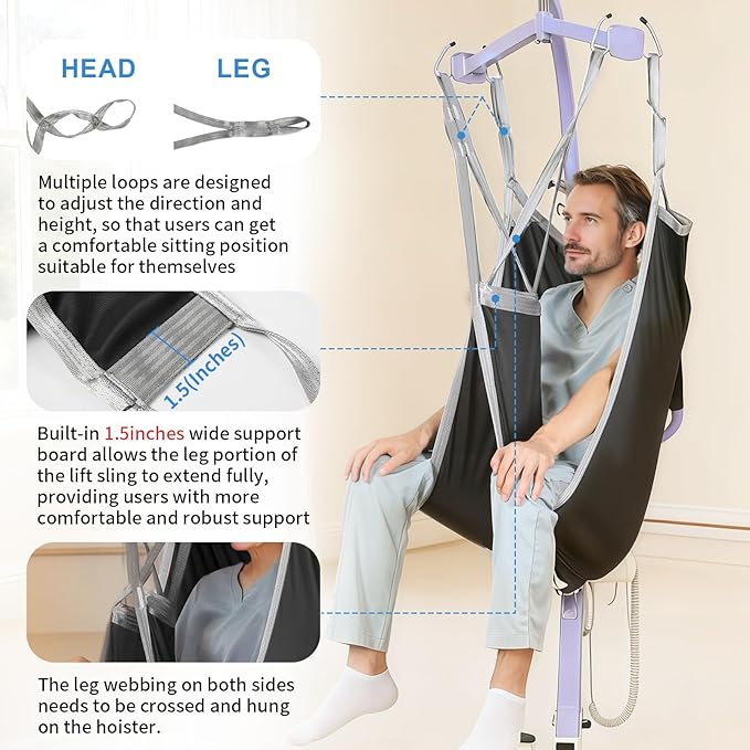 Patient Lift Divided Leg Sling – Heavy Duty 500 lbs Capacity, Easy Hygiene Access with Handles & Pocket, Machine Washable – Small/Medium/Large for Elderly, Disabled & Bariatric Care (Black, M)