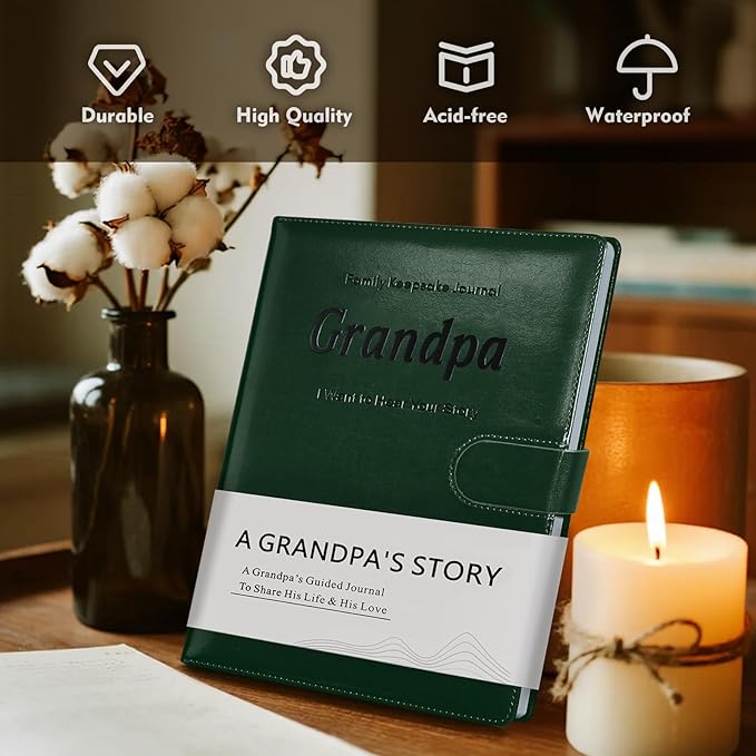Artmag Grandpa's Life Story Journal with 250+ Prompt Questions, Family Keepsake Book Leather Cover for Grandpa to Share His Memories for Birthday Father's Day Christmas (Dark Green)