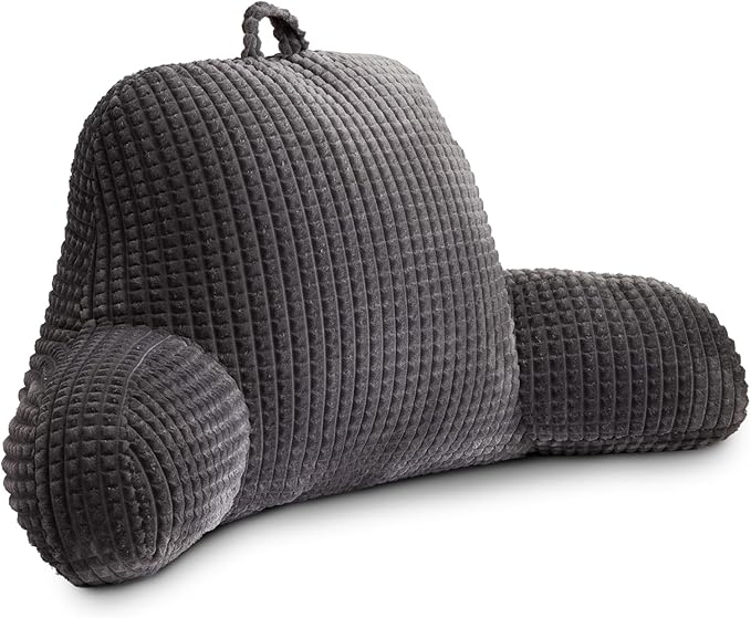 Holawakaka Reading Pillow for Bed and Sofa Couch Sitting Up, Backrest Pillows with Arms for Kids Teens Adults, Back Support Cushion for Lounging, Watching TV, Working on Laptop, Dark Grey