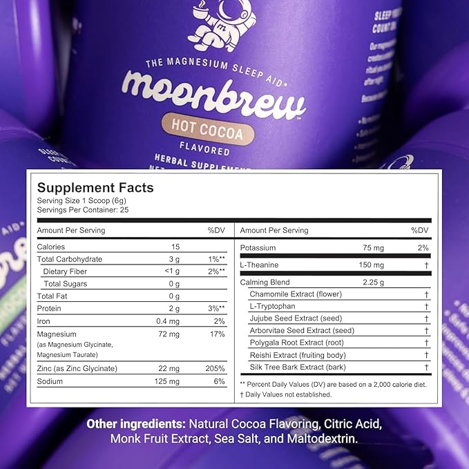 MoonBrew Nighttime Magnesium Hot Cocoa, Natural Sleep Aid Drink Mix for Adults, 2-Pack - Calming Melatonin-Free Sleep Support - Sleepy Hot Chocolate Powder with L-Theanine, Chamomile & Zinc Glycinate