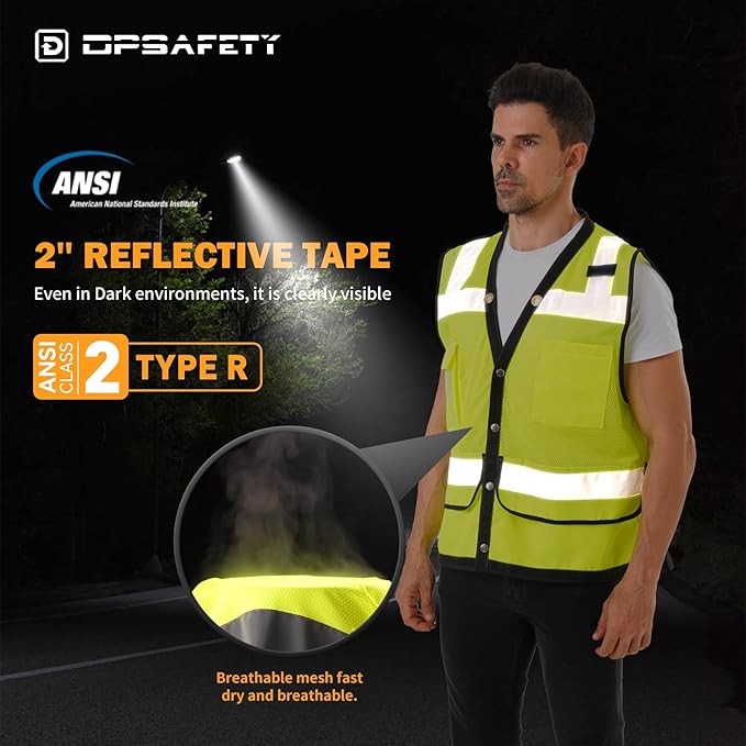 Reflective Safety Vest With Back Pocket - Hi Vis Class 2 Heavy Duty Surveyor Vest - ANSI/ISEA Standard - Men's & Women's (Lime-Button, 3XL)