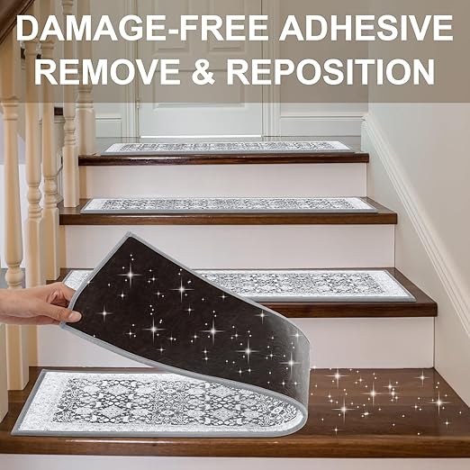 Non Slip Stair Treads for Wooden Steps Indoor, Grey, 15pcs, 30"X8", Soft Carpet Mat, Machine Washable Boho Carpet Treads with Reusable Adhesive Backing, Safety Stair Tread for Dogs, Kids, Elders