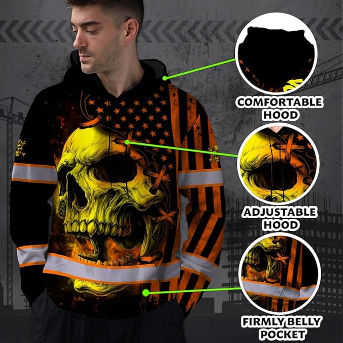 Matedecor Skull US Flag Reflective High Visibility Hoodie For Men Construction Hi Vis Safety Workwear Custom Name