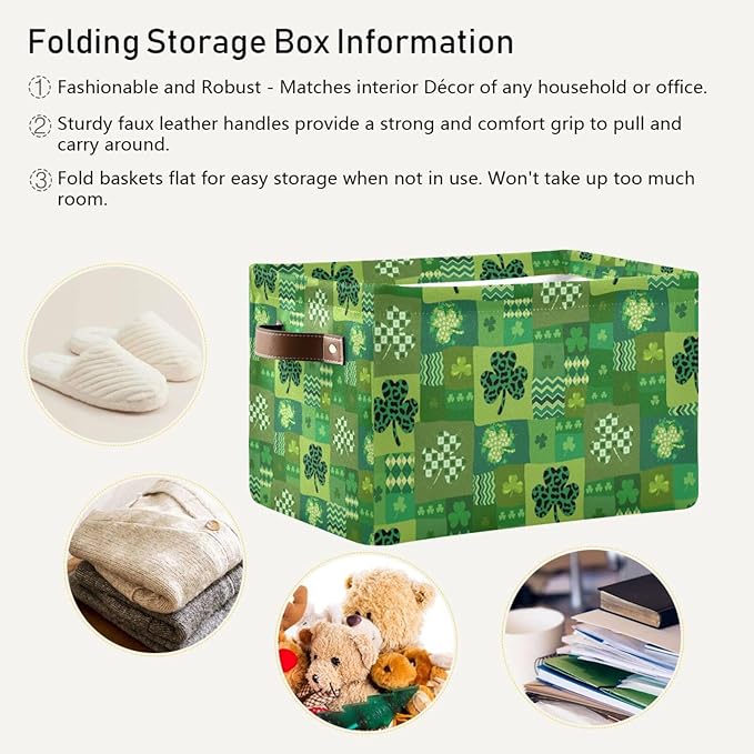 St Patrick's Day Storage Basket Cube Storage Bins Organizer Bag Collapsible Closet Shelf Baskets with handle for Cloth Book 14.2×10.2×8.3 IN