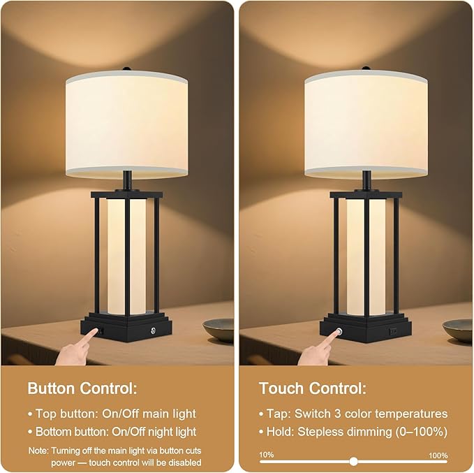 Nightstand Lamps Set of 2, Touch Lamps, 3 Color Temperatures, Stepless Dimming, Bedside Lamps with USB C+A Ports, Living Room Table Lamps, Bedroom Lamps for Nightstand(Bulbs Included) - 2 Packs