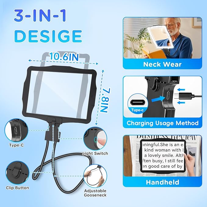 Large 10X Hands Free Magnifying Glass with Light for Reading Neck Wear Magnifier with Adjustable Brightness 50 Led Lights Flexible Gooseneck Full Book Page Magnifier for Seniors Low Vision Elderly