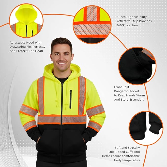 GLIMMR High Visibility Safety Hoodie Reflective ANSI Class 3 Sweatshirts for Men Hi Vis Construction Work Zipper Jackets