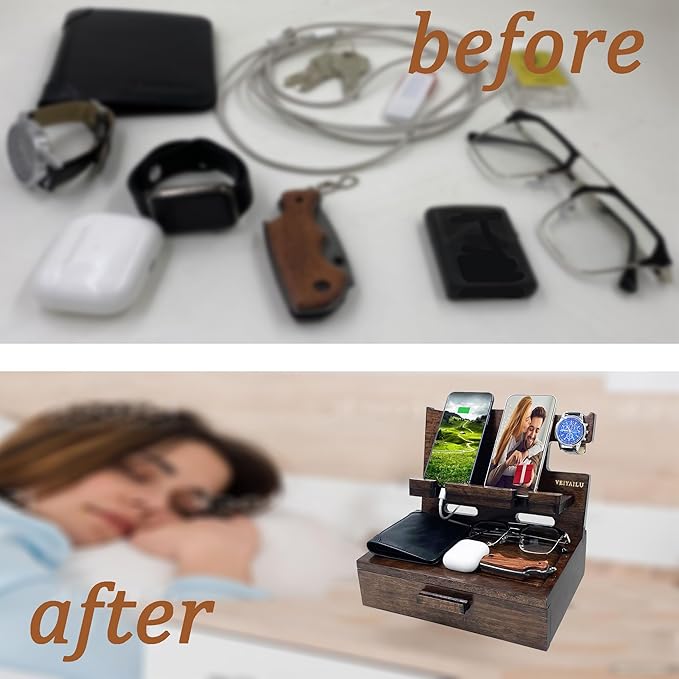 Gifts for Men Women Husband Son Boyfriend Him Nightstand Organizer Wood Phone Docking Station Birthday Gifts (Walnut)