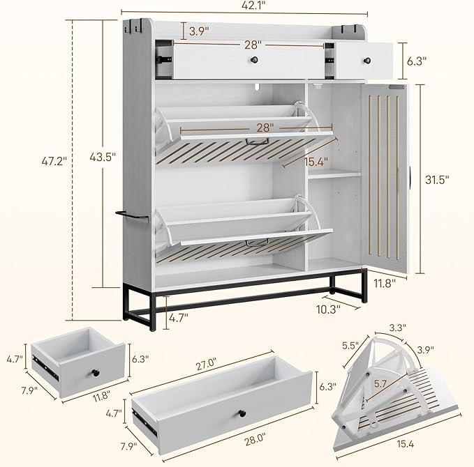Shoe Cabinet with 2 Flip Cabinets & Side Cabinet, Shoes Cabinet with Adjustable Shelves, Shoe Storage Organizer for Entryway, Hallway Living Room, Space-Saving, White