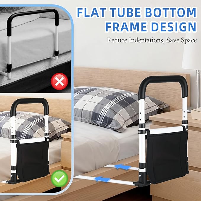 Bed Rail for Elderly Adults Safety, 90° Foldable Bed Assist Bar with Adjustable Height, Flat Base Fits Under Mattress, 300 lbs Capacity Bedside Support Handle for Seniors