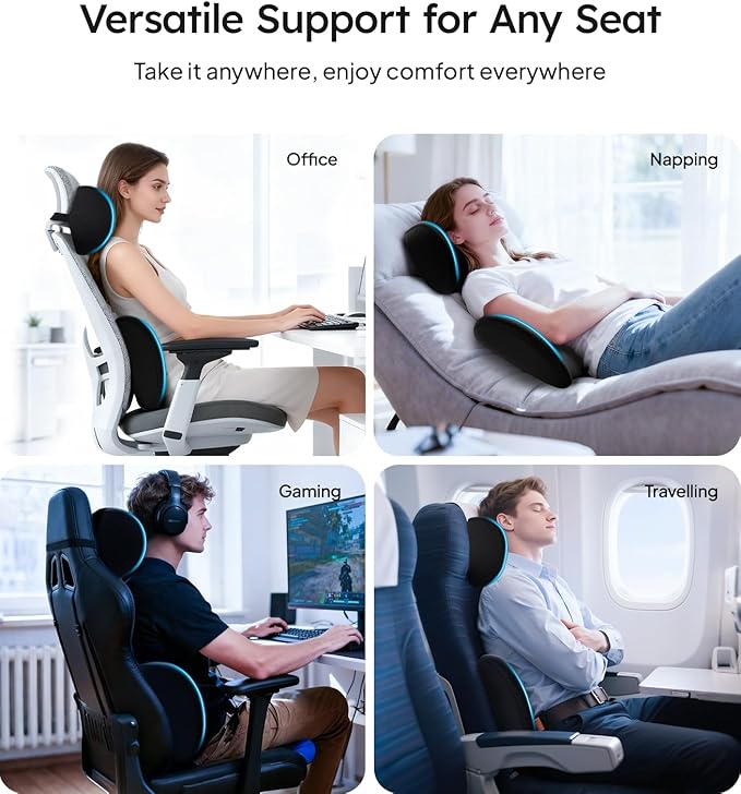 Wigoo 2025 Car Neck Pillow and Lumbar Support Pillow for Car Kit [Ergonomic Design, Pressure Relief] Soft Car Headrest Pillow Back Cushion with Adjustable Strap, Fits All Vehicles (Black)