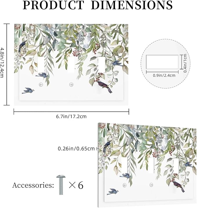 Green Leaf Eucalyptus Leaves Floral Bird Butterfly Decorative Switch Plates 3 Gang Wall Plate Triple Toggle Light Switch Cover Faceplate Electrical Wall Panels for Bed Room Living Room Decor