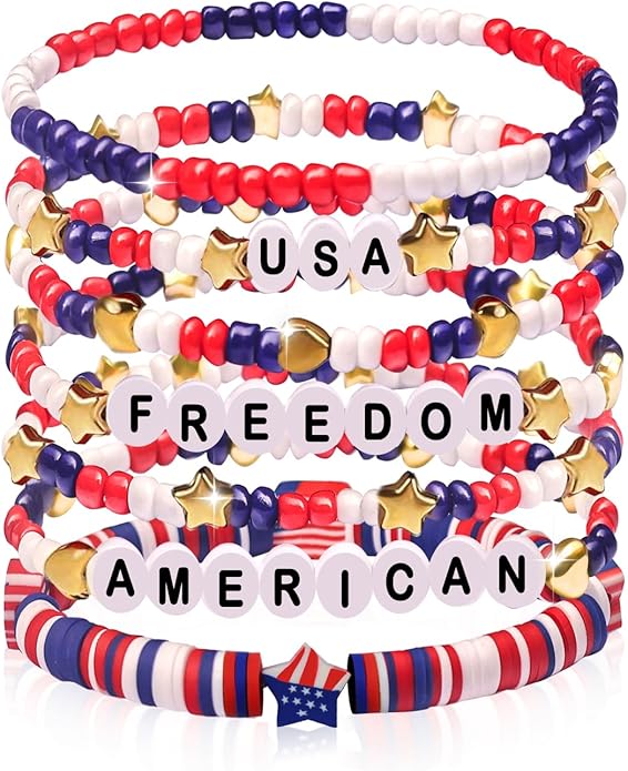 Independence Day Gifts for Women Men Teens Red White Blue Clay Beaded Stackable Stretch Bracelets USA Patriotic Jewelry 4th of July Accessories