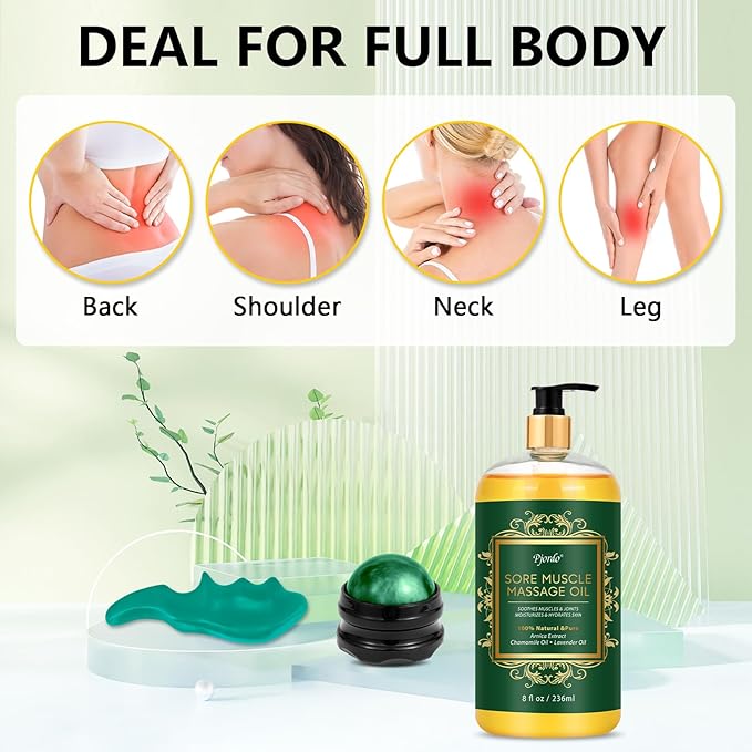 Sore Muscle Massage Oil for Massage Therapy, with Massage Roller Ball & Thumb Saver Massager, Body Massage Oil for Relaxing Joints & Muscles with Arnica, Valentines Day Gifts for Her Him