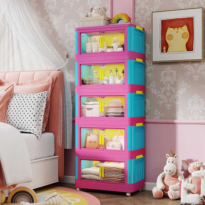 5 Tiers Folding Storage Cabinet, 20" Side Wide Collapsible Storage Bins with Doors and Wheels, Space Saving Plastic Cabinet for Living Room, Office, Dorm, Rainbow