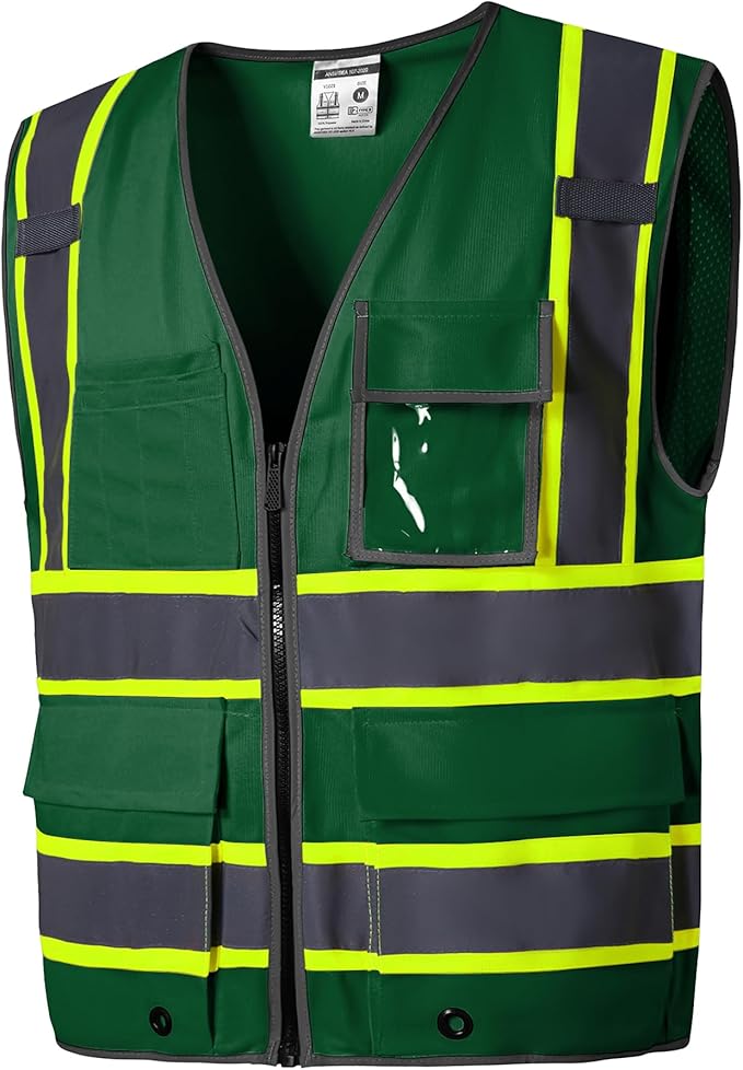 SKSAFETY 10 Pockets Safety Vest, Class 2 High Visibility Security with Zipper, Hi Vis Vest with Reflective Strips, ANSI/ISEA Standard, Construction Work Vest for Men ＆ Women （Green,4XL）