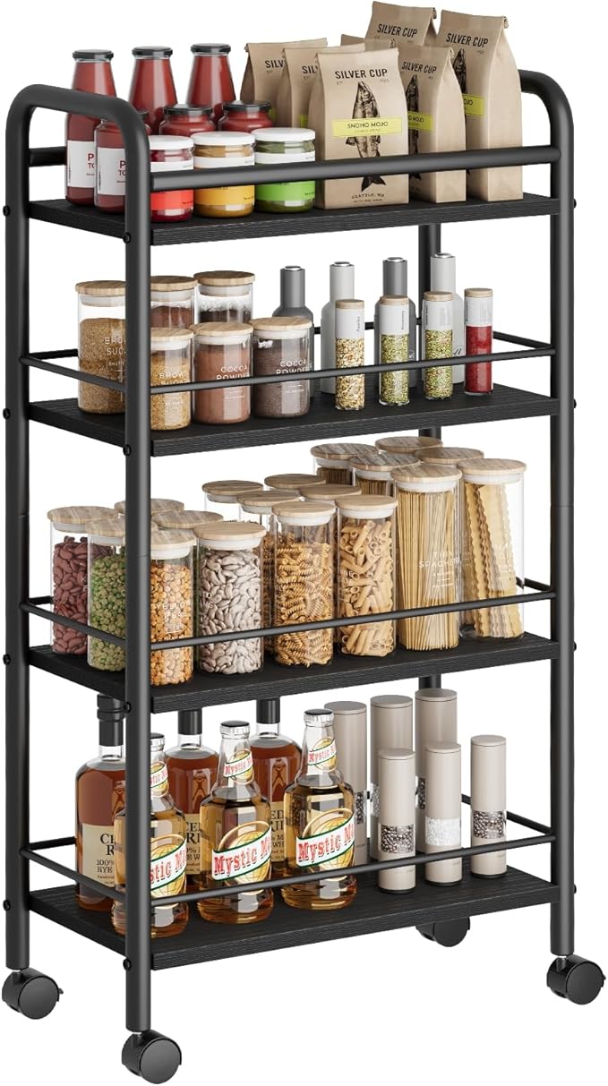 Slim Rolling Cart, 4-Tier Narrow Storage Cart with Handle, 9.1 Inches Deep, Bathroom Shelf for Small Spaces, Kitchen, Dining Room, Living Room, Laundry Room, Black