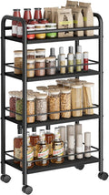 Slim Rolling Cart, 4-Tier Narrow Storage Cart with Handle, 9.1 Inches Deep, Bathroom Shelf for Small Spaces, Kitchen, Dining Room, Living Room, Laundry Room, Black