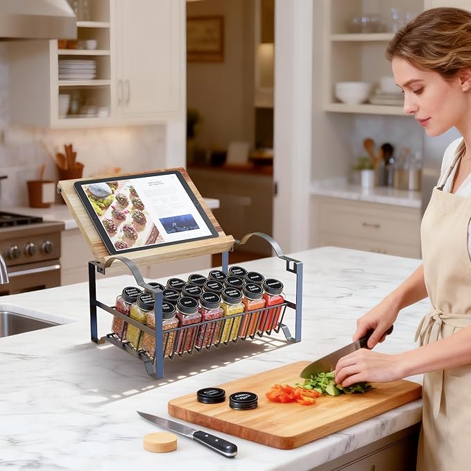 3 Tier Spice Rack Organizer with Bamboo Top Tablet Holder, 18 Spice Jars, 422 Spice Labels, and Funnel Set for Kitchen, Cabinet, Countertop, Pantry, Cupboard. Seasoning Organizer Black