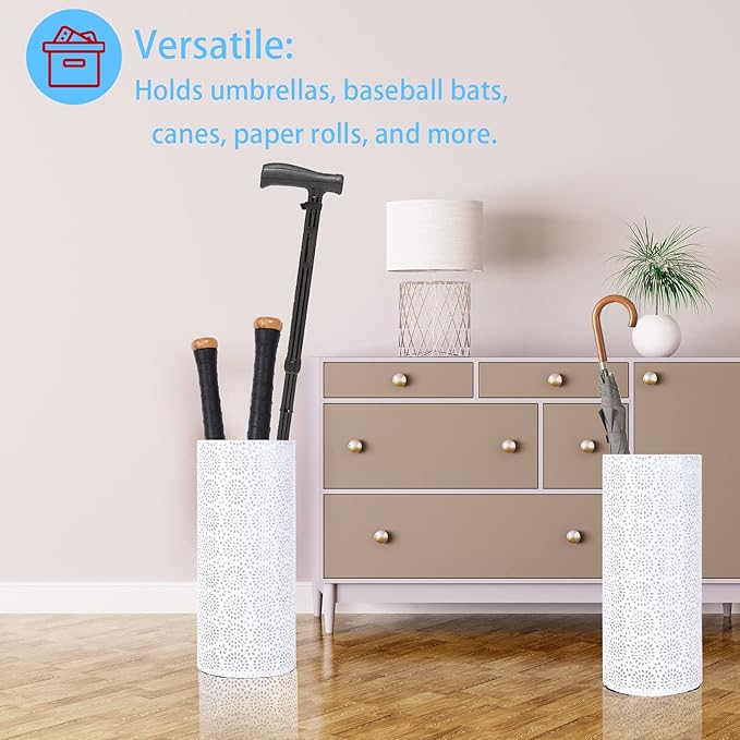 Umbrella Stand Rack for Entryway, Free Standing Metal Umbrella Holder, Round Umbrella Organizer Bin with 3 Hooks for Long Short Umbrella, Walk Stick, Home Office Indoor, 17 x 7 Inch, White