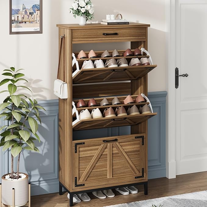 Shoe Cabinet Storage for Entryway with 3 Flip Drawers and 1 Top Drawer, Freestanding Hidden Narrow Shoe Cabinet with Metal Legs for Foyer, Hallway (Brown)
