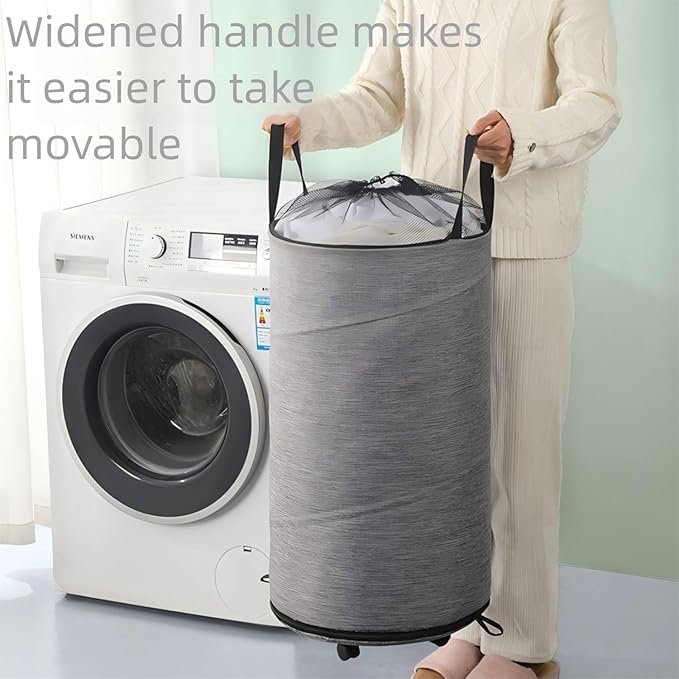 Large Laundry Basket，Waterproof, Freestanding Laundry Hamper, laundry baskets on wheels，Collapsible Tall Clothes Hamper with Extended Handles for Clothes Toys in the Dorm and Family-(72L) (grey)