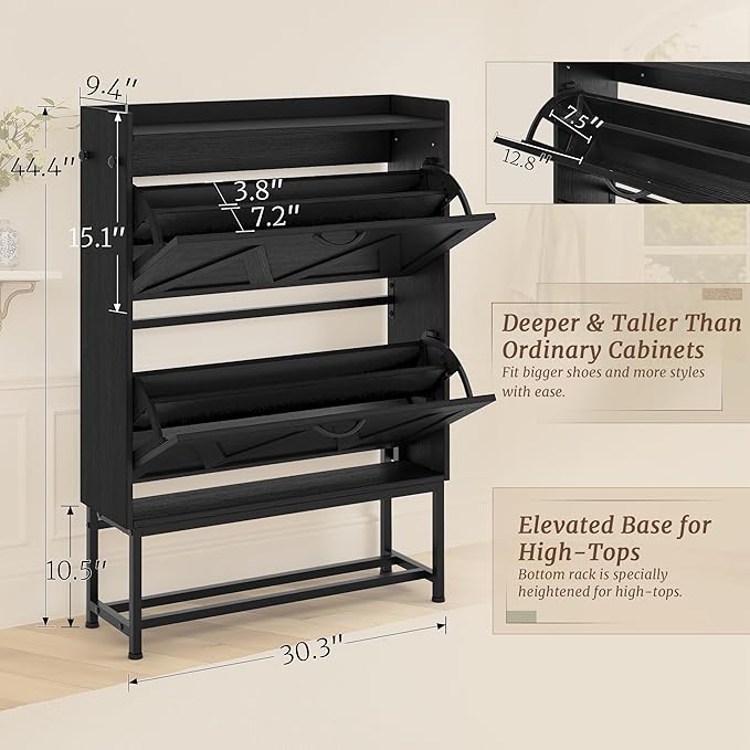 Narrow Shoe Storage Cabinet with 2 Flip Drawers & Adjustable Shelf for Entryway, Freestanding Hidden Slim Shoe Organizer Rack, Black