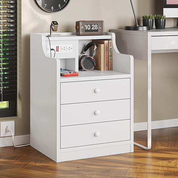 ADORNEVE Nightstand with Charging Station,White Night Stand with Hutch,Bedside Table with Drawers,Bed Side Table with Storage