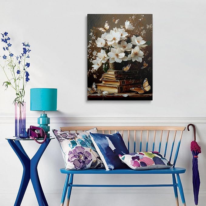 Framed Floral Book Butterfly Vintage Picture Wall Decor Gift Retro Bible Print Poster Rustic Painting Flower Canvas Wall Art for Living Room Bedroom Artwork (12"x16")