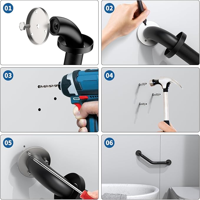 16 Inch Angled Shower Grab Bar Black, Munzong 2 Pack Anti Slip Bathroom Grab Bar, Knurled Bathroom Balance Bar,Safety Hand Rail Support Handicap Elderly Injury Senior Assist Bath Handle-1.25” Tube