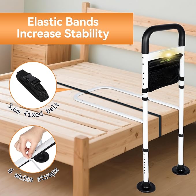 Bed Rails for Elderly Adults Safety, ASTM Safety Approved Adjustable Bed Assist Rail for Seniors, 400lb Weight Capacity, with LED Light & Storage Pocket & Fixing Strap,Fit King/Queen/Full/Twin Bed