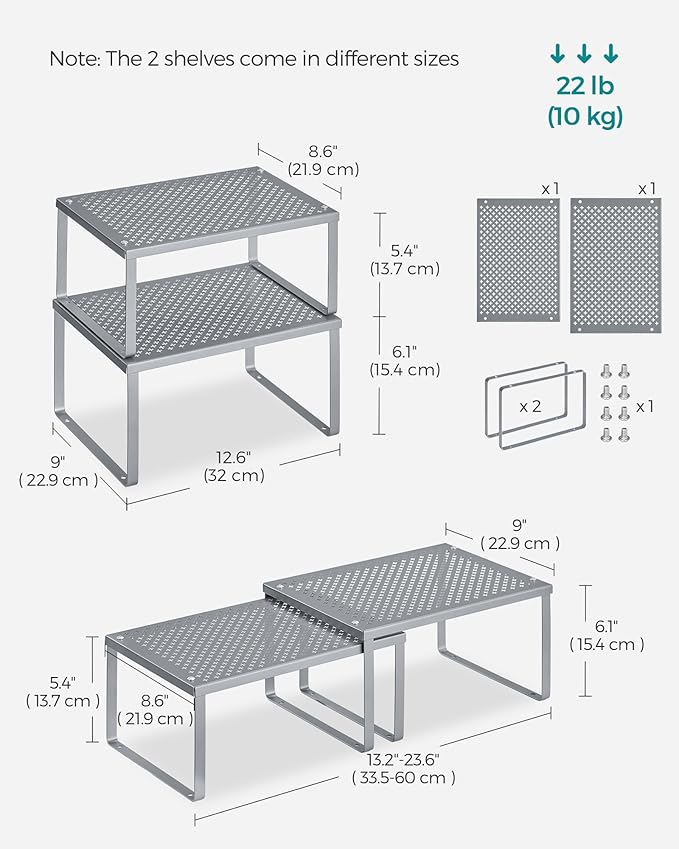 SONGMICS Spice Racks, Set of 4 Metal Cabinet Shelf Organizers, Countertop Organizers, Shelf Risers, Stackable, Expandable, Silver UKCS006S01