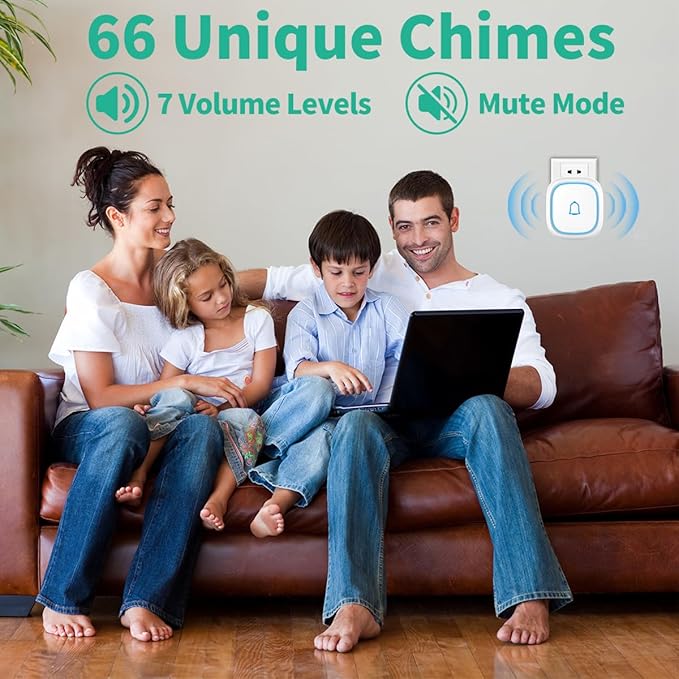 Wireless Doorbell for Home Classroom IP66 Waterproof Door Bell Ringer Wireless 1000ft Range with 66 Ringtones Kid Doorbell Chime 7 Adjustable Volume LED Flash Doorbells for Teachers