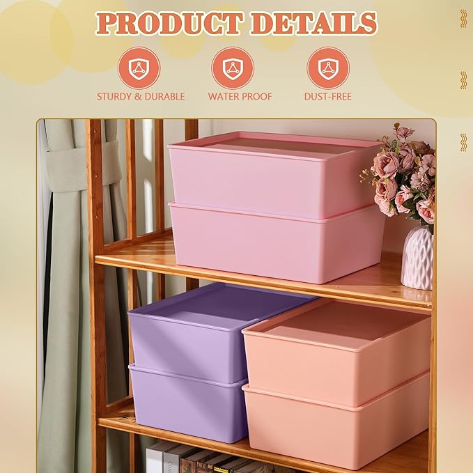 Menkxi 6 Pcs Large Plastic Storage Bins with Lids 14.4 x 10.4 x 5.1 Inch Stackable Storage Containers Decorative Cubby Organizer for Clothes Shelves Garage Closet Office (Pastel)