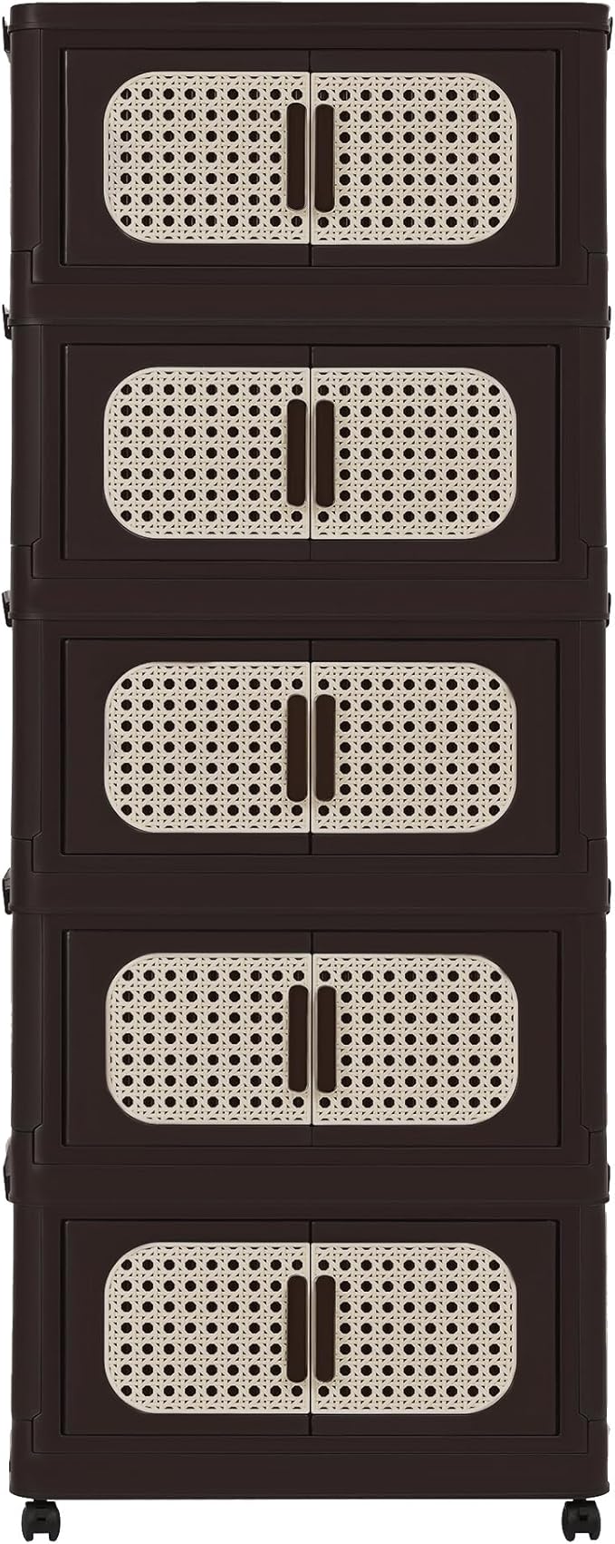 5 Tiers Folding Storage Cabinet,20" Side Wide Stackable Storage Bins with Doors and Wheels, Space Saving Plastic Cabinet for Living Room, Office, Dorm, Retro Brown