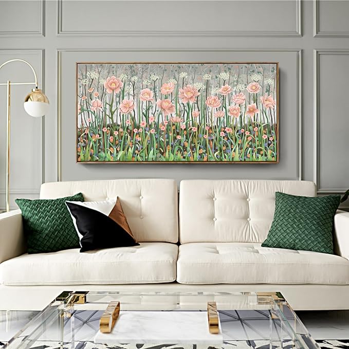 amatop Extra Large Modern Floral Wall Art: Framed Abstract Botanical Print in Pink & Green, Ready-to-Hang for Living Room, Bedroom, Office Decor (48x24 in)