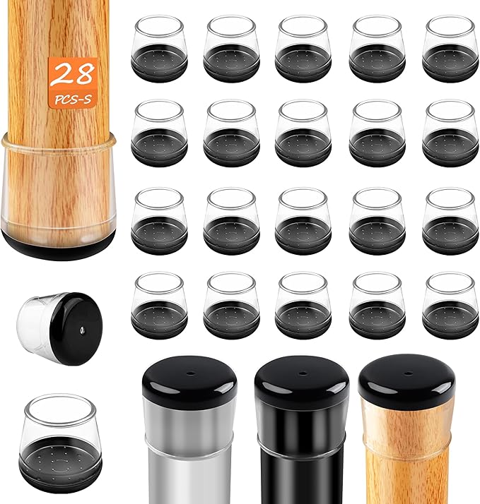 28pcs Chair Leg Protectors for Carpet Rug, Round Chair Feet Glides Covers Caps Furniture Foot Sliders with Plastic Pads, Damage-Free Move on Carpets (Fit:7/8"~1-1/16", Black Bottom)
