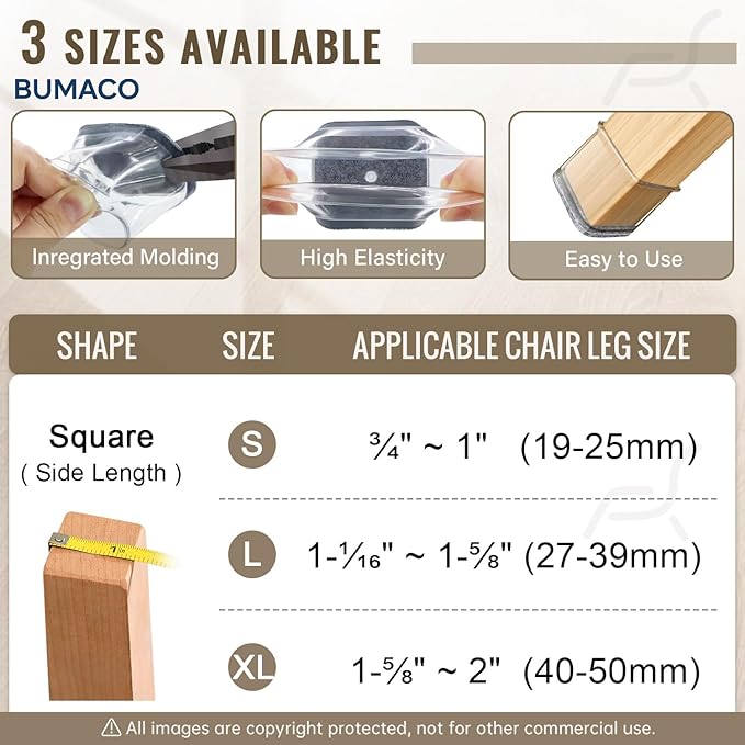 BUMACO Chair Leg Floor Protectors Square Chair Leg Protectors for Hardwood Floors Silicone Pads Covers to Protect Floors Clear-40 Pcs Square S Fit (3/4" to 1")