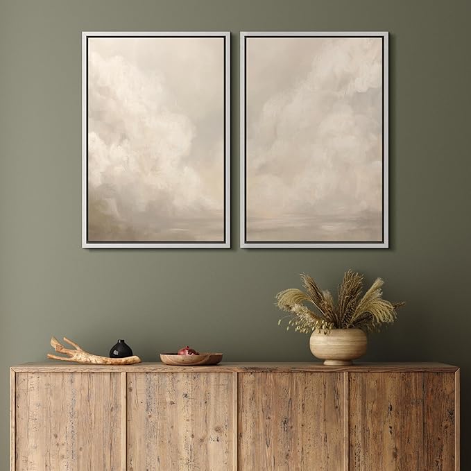 MUDECOR Framed Canvas Print Wall Art Neutral Cloudscape Soft Abstract Sky Illustrations Modern Art Decorative Bohemian Colorful Chic for Living Room, Bedroom, Office - 24"x36"x2 White